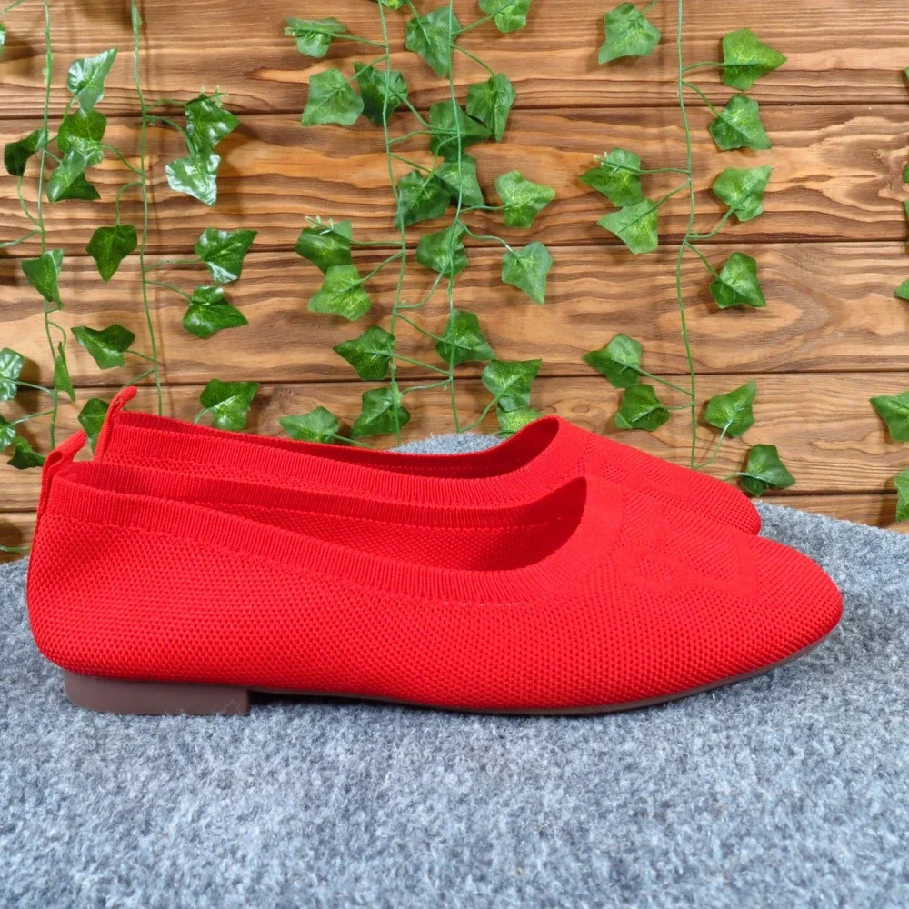 Fashion Knit Women Ballet‎ Flat 41 Casual Comfort Slip On Red Square Toe Mesh